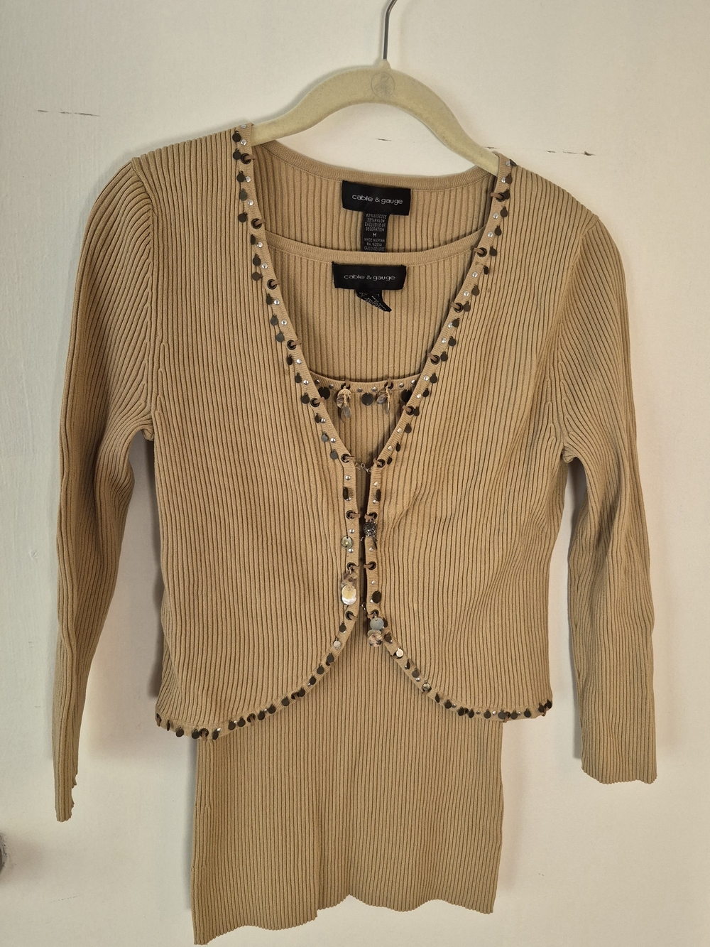 Gauge Cable & Gauge Tan Ribbed Embellished Knit Top Set